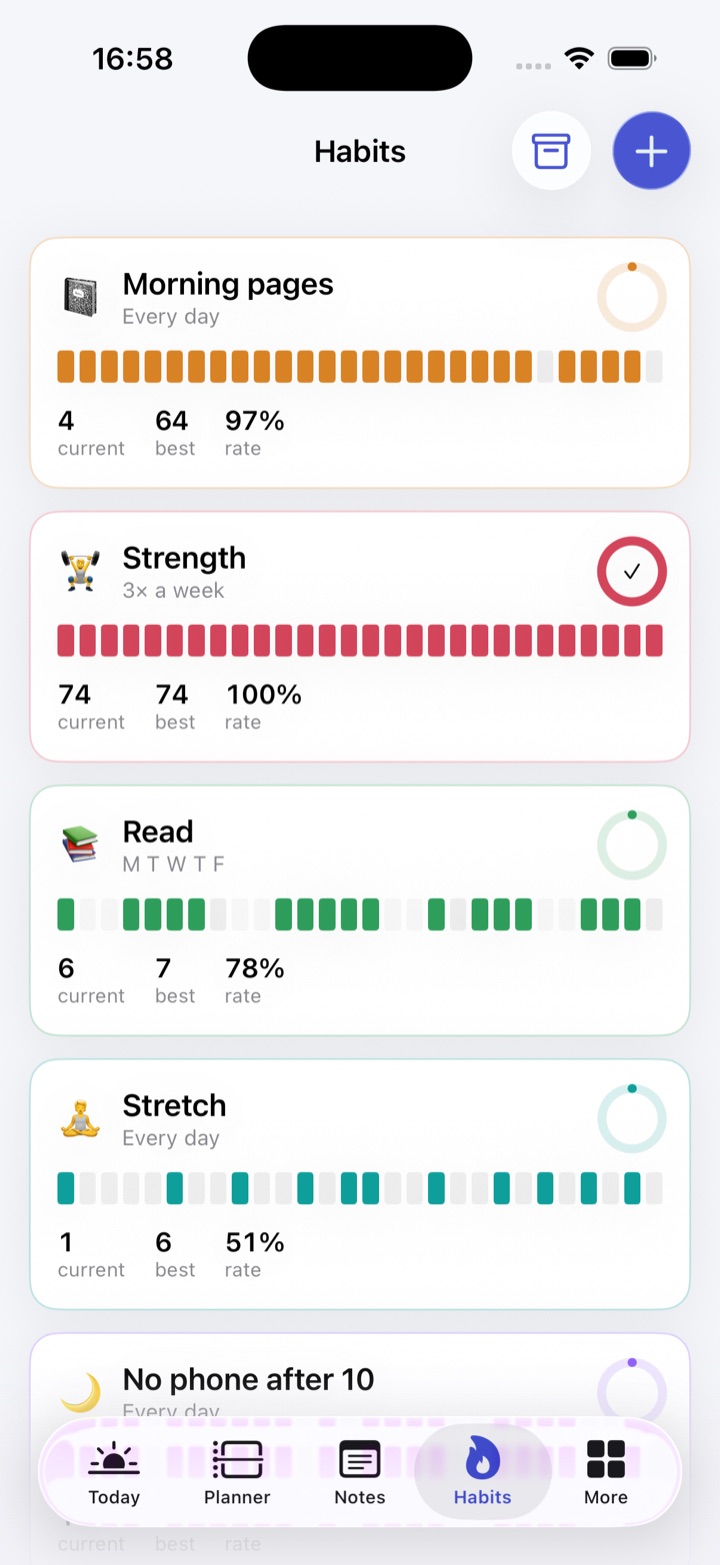 Habits on iPhone: Morning pages, Strength, Read and Stretch, each with a coloured grid of recent days and its current streak, best streak and completion rate.