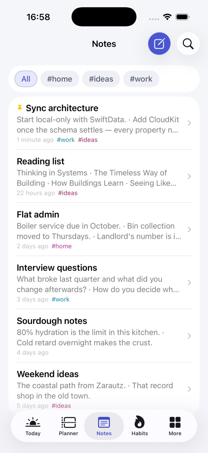 Notes on iPhone: filter chips for all notes and the home, ideas and work tags, then six notes with a line of their text, when they were last touched and their tags.