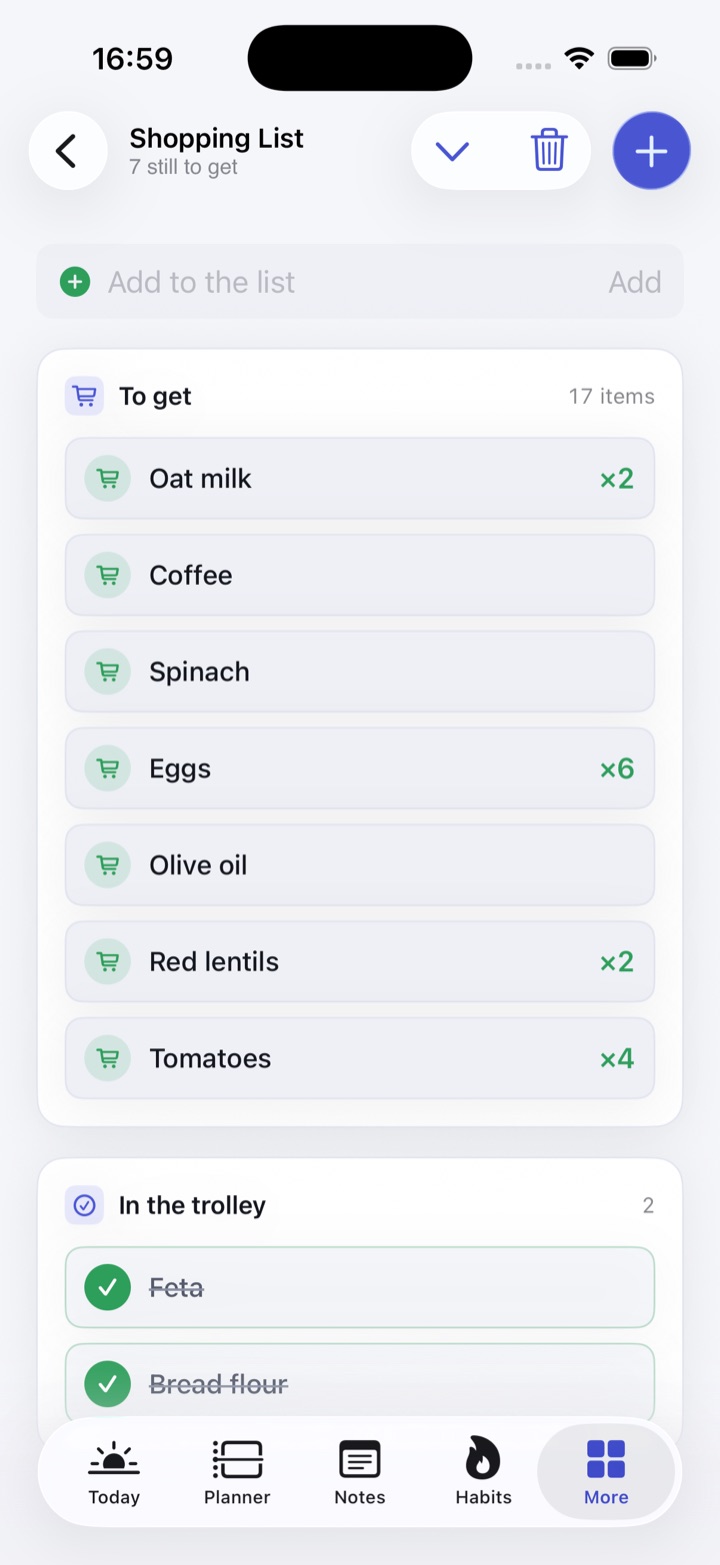A shopping list on iPhone reading seven still to get, with big rows for oat milk, coffee, spinach, eggs and the rest, and feta and bread flour already in the trolley.