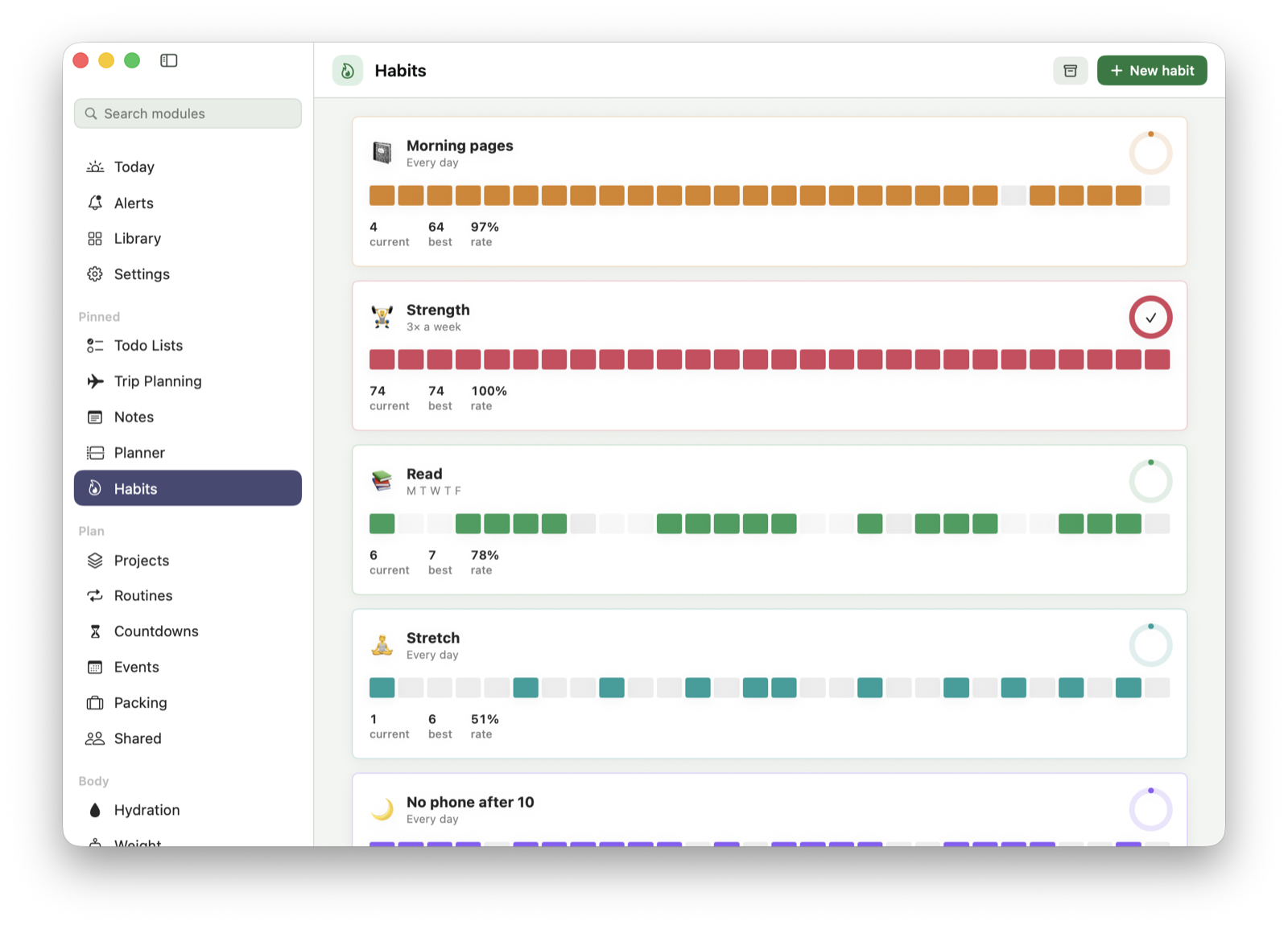 The Habits screen with five habits, each showing a coloured streak grid and its current streak, best streak and completion rate.