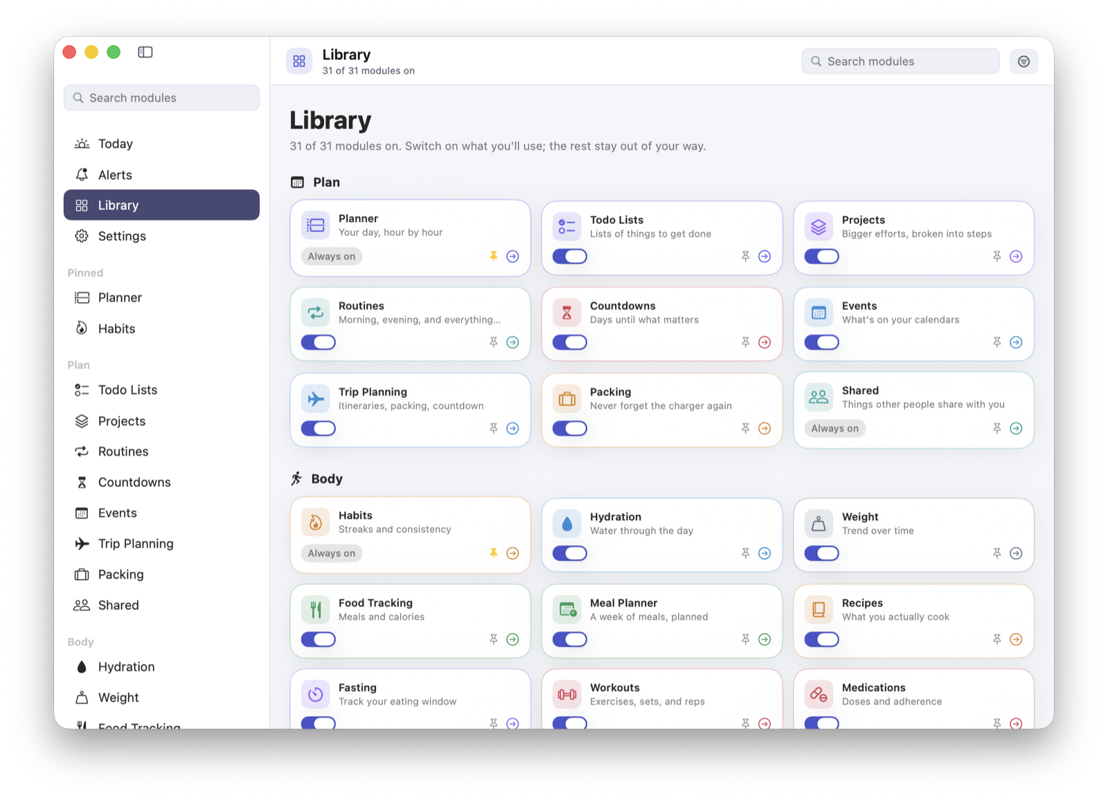 The module library reading 31 of 31 modules on, grouped into Plan and Body, each module a card with a switch, a pin and a description, and Planner, Habits and Shared marked always on.