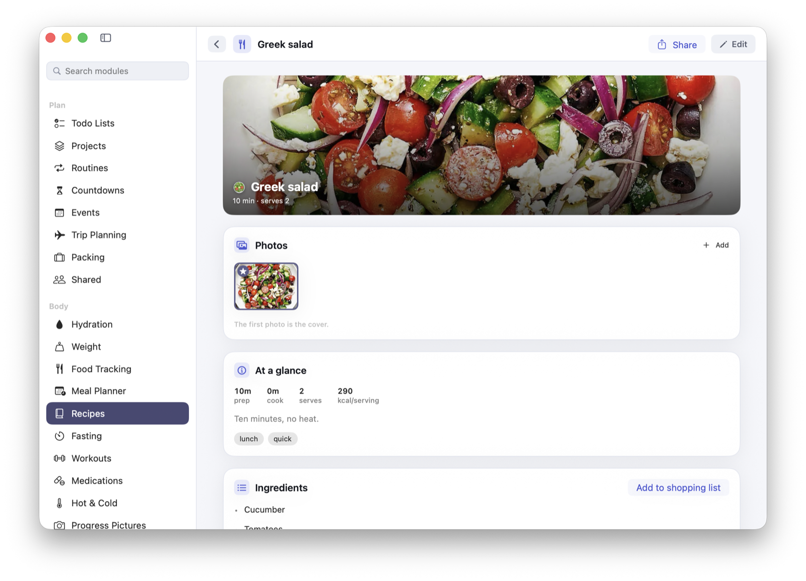 The Greek salad recipe: a photograph of the dish, a photo gallery, prep and cook times, servings and calories, tags, and the ingredients with a button to send them to the shopping list.